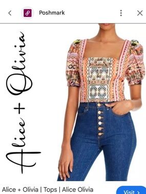 Alice + Olivia Peach Multicolor Printed Square-Neck Crop Top